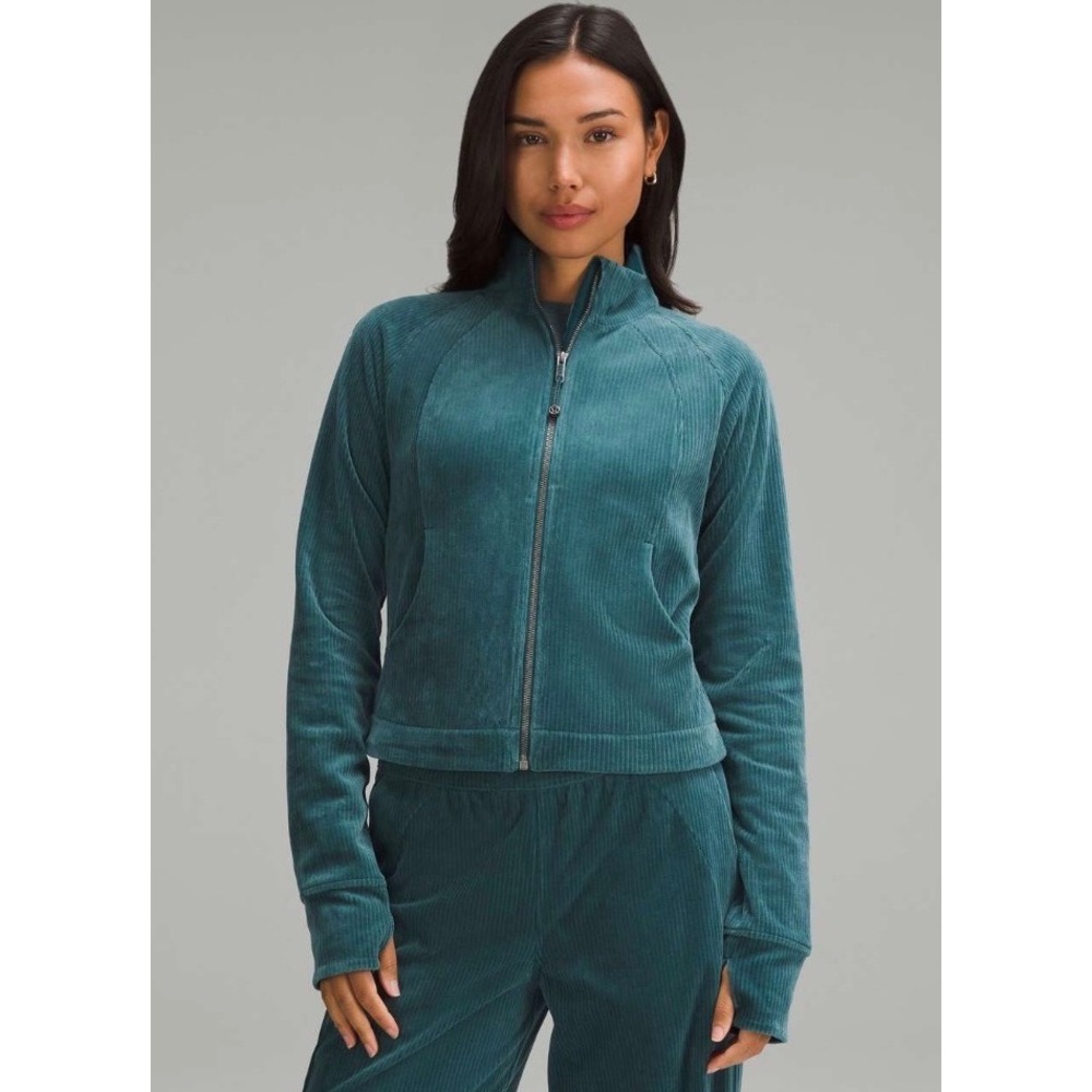 Lululemon Scuba Track Jacket High Neck Jacket Teal Green Corduroy LW3HNS Size 12